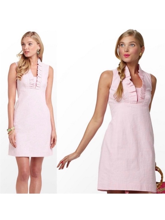 Lilly Pulitzer Dresses & Skirts - Lilly Pulitzer Sleeveless Pink Seersucker Ruffle V-Neck Dress